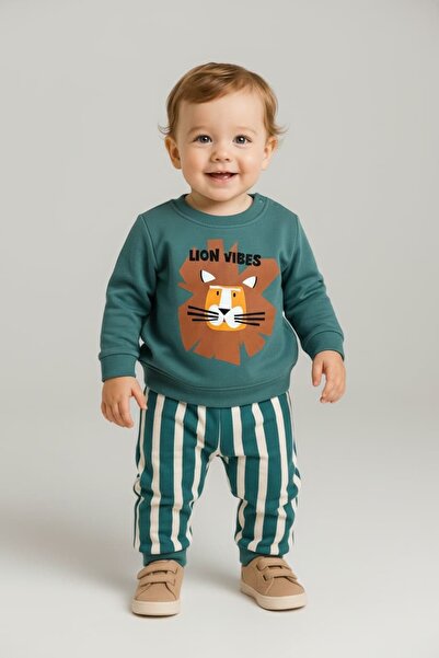 Patriko Baby Boy Lion Printed Striped Pants New Season Top and Bottom Set