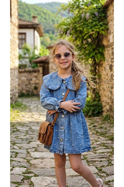 VEZİR MODA Kız Çocuk Taş İşlemeli ve zımba incili Kot Elbise