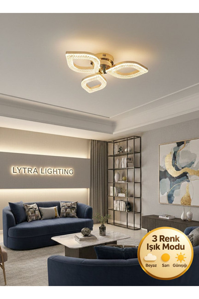 Lytra Lighting Yonca Model Gold 3"lü Ledli 3 Renk Modu Kristal Salon Mutfak Y...