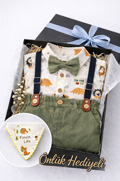 partner baby Erkek Bebek Askılı Papyonlu Şortlu 3lü Şık Takım