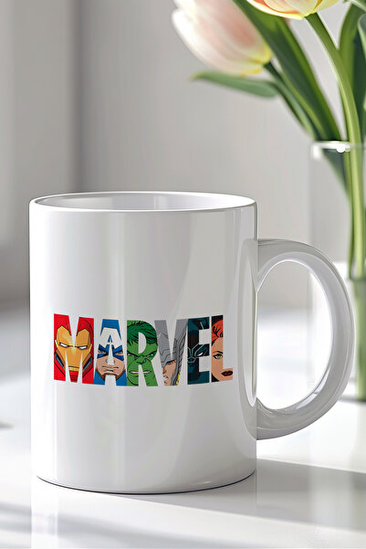 YasBey DESIGN Marvel Tasarımlı 330ml Baskılı Beyaz Seramik Kupa Bardak