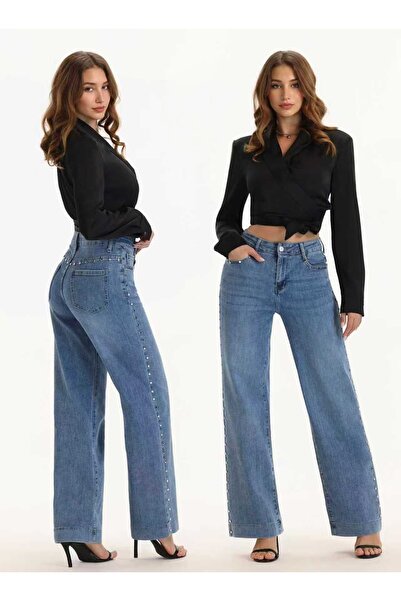 DENRA Τζιν με φαρδιά μπατζάκια και πλαϊνά κουμπώματα