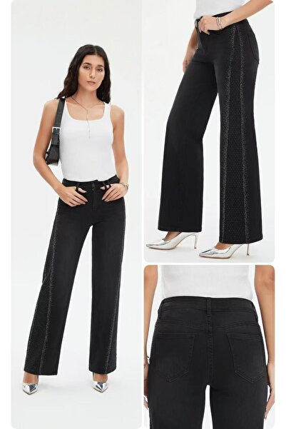 DENRA Μαύρο τζιν παντελόνι με φαρδιά μπατζάκια και στρας στο πλάι