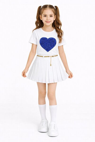 Nacar Kız Çocuk Kalp Detaylı Pileli Etek Takım 23 Nisan Gösteri Kıyafeti