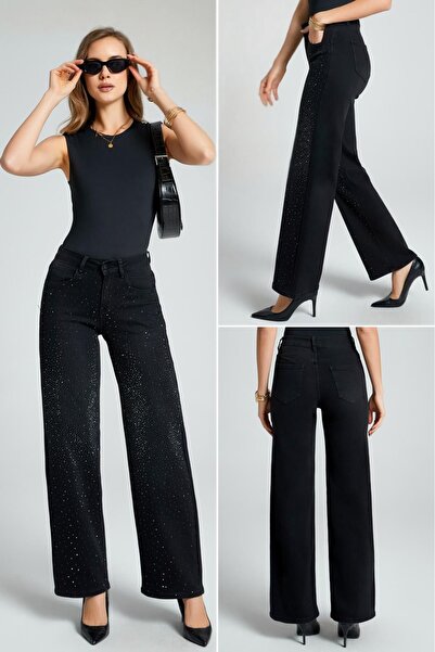 DENRA Μαύρο τζιν παντελόνι με φαρδιά μπατζάκια και στρας