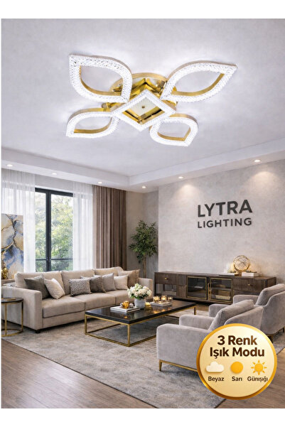 Lytra Lighting Elysium Model Gold Ledli 3 Renk Modu Kristal Salon Mutfak Yata...