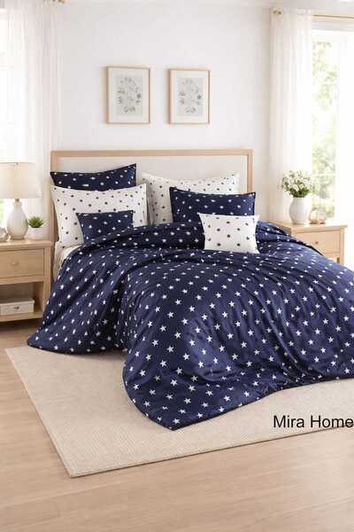 Mira Home مزدوج ياردات منقوش طقم غطاء لحاف قطن قطعة باللون الأزرق الداكن/الأبيض