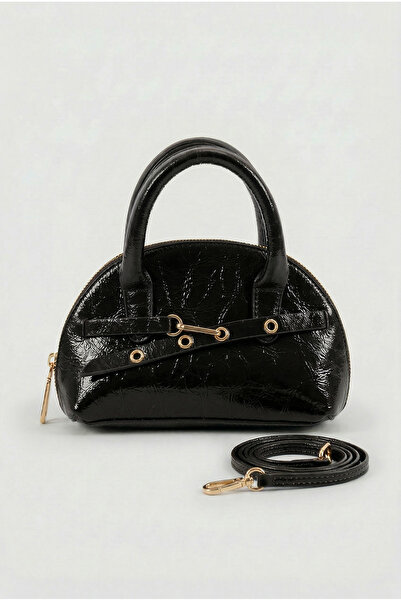 Belinabag Siyah Parlak Rugan Kadın Mini El Çapraz Çanta Vintage Model