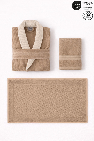 Ellaline 3-Piece Beige Contrast Bathrobe Set 100% Cotton Striped Bathrobe, He...