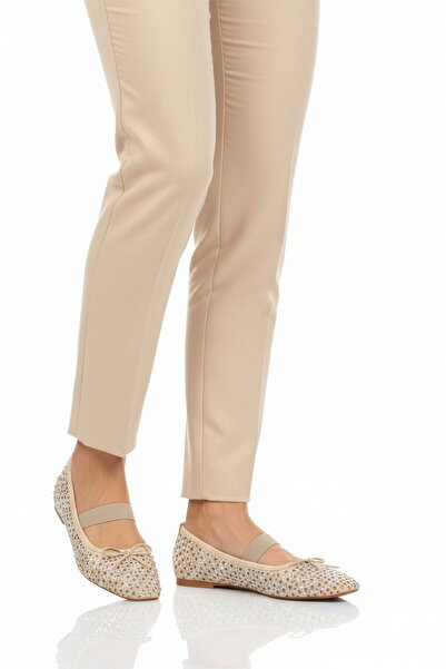 Aspor Beige Wide Fit Stone Embellished Women's Ballerinas