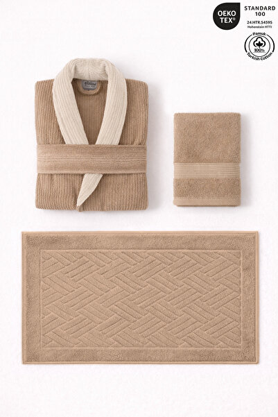 Ellaline 3-Piece Beige Contrast Bathrobe Set 100% Cotton Striped Bathrobe, He...