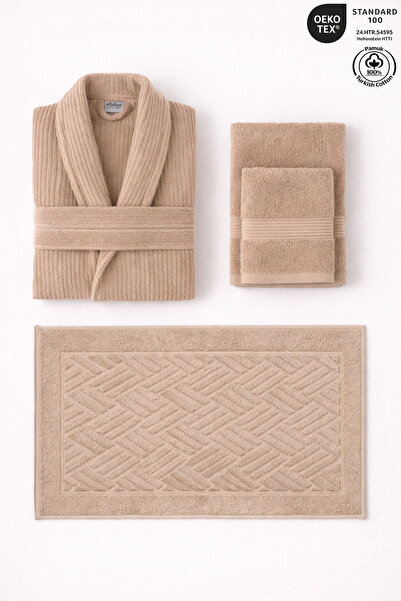 Ellaline 4-Piece Beige Bathrobe Set 100% Cotton Striped Bathrobe, Towels, and...