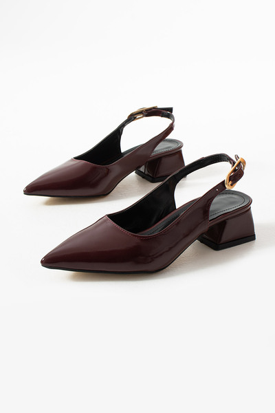 MUFUMA حذاء نسائي قصير من الجلد اللامع باللون العنابي حذاء بكعب