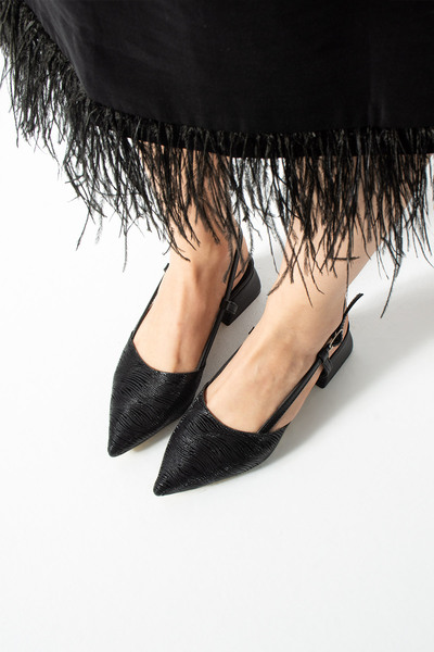 BirEylül Shoes Siyah Simli Kadın Kısa Blok Topuklu Ayakkabı