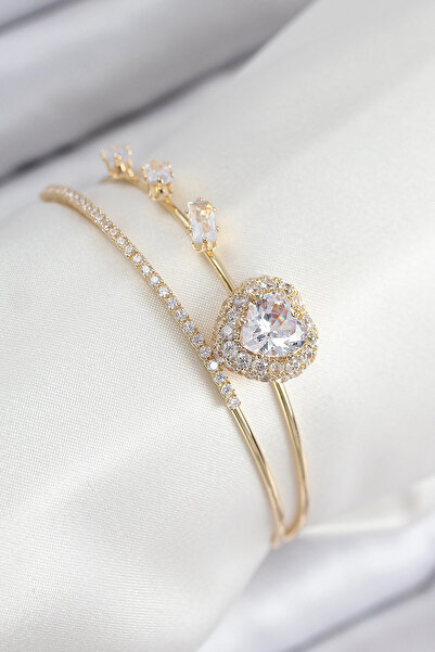 Clariss Brass Zircon Stone Heart Model Gold Color Women's Bracelet