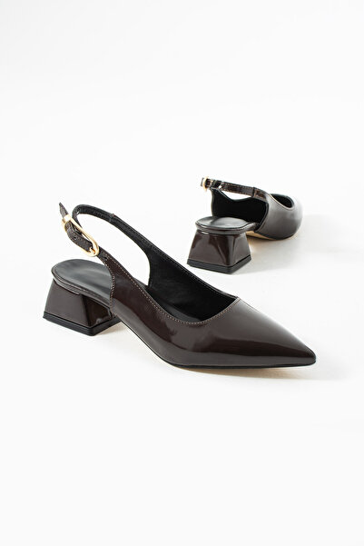 MUFUMA Brown Patent Leather Women's Short Block Heeled Shoes