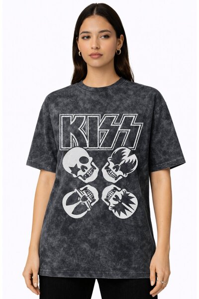 SEVBANO Tricou unisex oversize vintage lavabil cu imprimeu Kiss Rock Metal Mu...