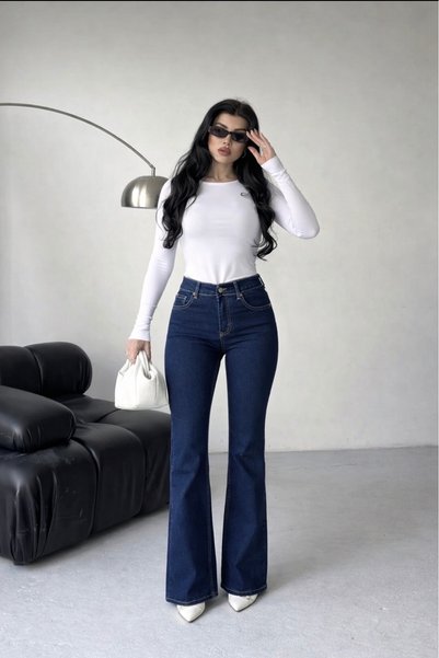 Heyya جينز نسائي عالي الخصر باللون الأزرق الداكن واسع الأرجل