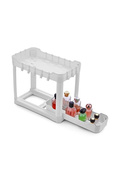 Saatistan İki Katlı Sürgü Çekmeceli Beyaz Tezgah Altı Organizer (40x22x33cm)