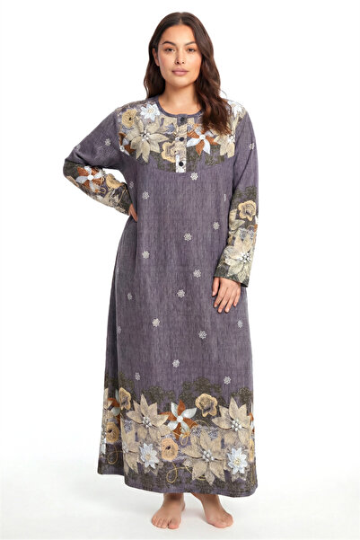 modaserdem Akbeniz Large Size Floral Print Long Sleeve Mother's Nightgown Cof...
