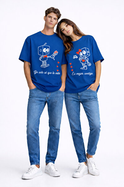 NEVERMIND Set de tricouri unisex pentru cupluri, cu imprimeu perechi, Robot s...