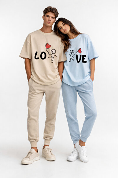 NEVERMIND Set de tricouri pentru cupluri Love cu imprimeu perechi supradimens...