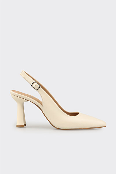 Elle Shoes Ekru Deri Kadın Topuklu Ayakkabı