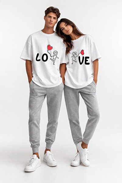 NEVERMIND Set de tricouri pentru cupluri Love cu imprimeu perechi supradimens...