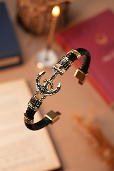 TANSESUAR Çapa Figürlü Zirkon Taşlı Hakiki Deri Bileklik