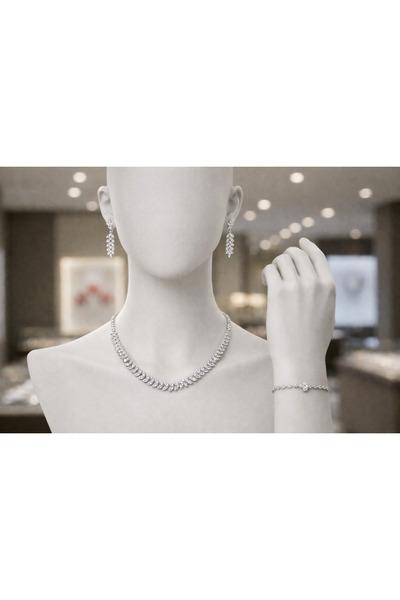 M2 group طقم إيليس الفضي الملكي، عقد وأقراط وسوار مرصعة بأحجار براقة، بتصميم ...