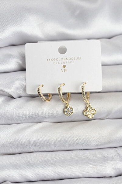 Generic Brand Brass Gold Color Clover Model 3-Piece Women's Earring Set