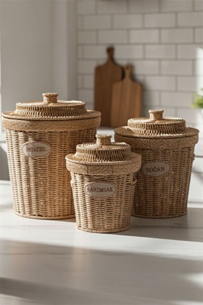 Saatistan 3'lü Burl Rattan Sebzelik Set, Hasır Kapaklı Patates Soğan Sarımsak...