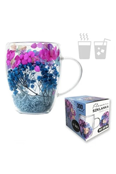 JollyMag Nou Cana 300 ml din sticla borosilicata, pereti dubli, model flori a...