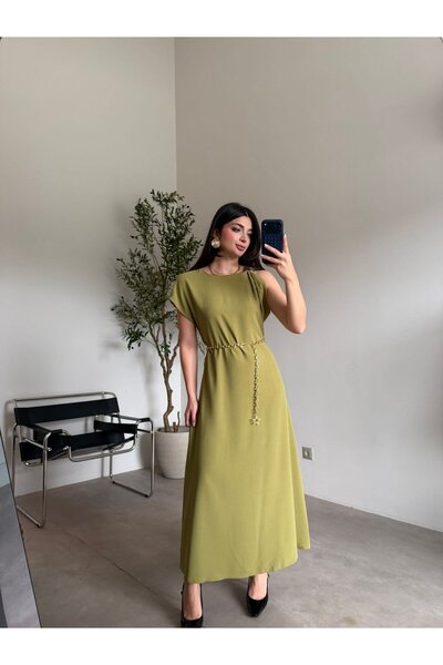Bade Butik Oil Green Gold Buckled Casual Dress