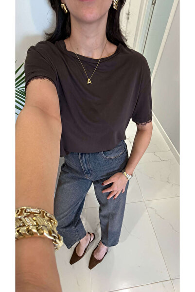 BİRCANÇİL Tricou detaliat MD Fles Kahve Kolu dantelă