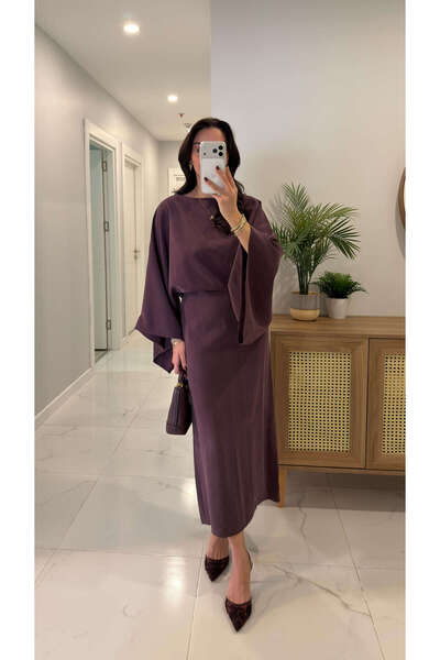 BİRCANÇİL Miccas Mürdüm Yarasa Kol Tensel Elbise