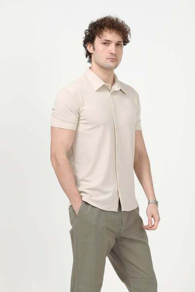 JB John Borners Ανδρικό κοντομάνικο πουκάμισο με κουμπιά Με υφή Μπεζ - 30001