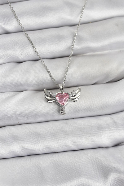 Clariss 316L Steel Chain Silver Color Winged Heart Model Zircon Stone Women's...