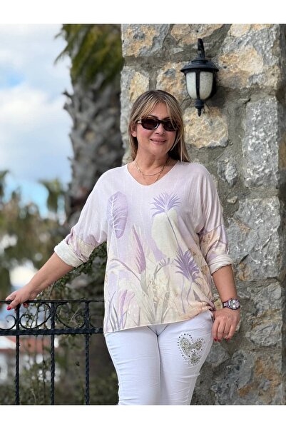 Punta Otantik NC20661 Bluză tricotată italiană cu decolteu în V imprimeu flor...