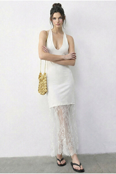 Bianco Lucci Rochie lungă cu guler halter pentru femei cu spatele gol dantelă...