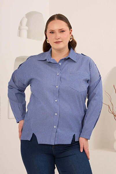 RMG Striped Plus Size Shirt with Shoulder Epaulet Detail Blue