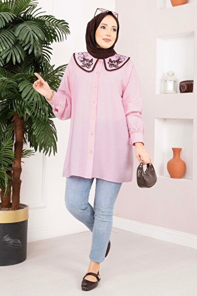 EBRUTESETTÜR Collar Embroidered Hijab Tunic Pink