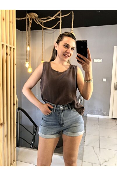 Gözde Tasarım Butik Women's Light Blue Lycra Folded-Hem Mini Jeans Denim Shorts