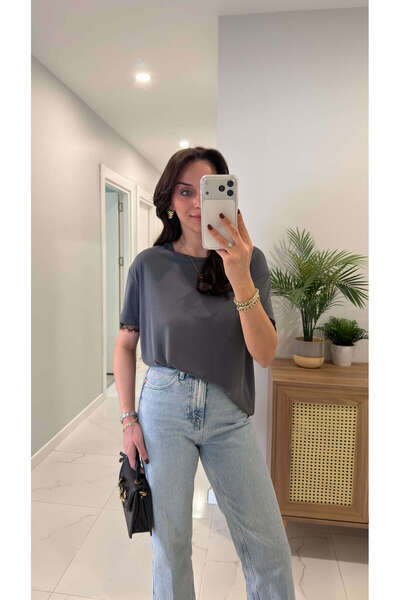 BİRCANÇİL MD Fles siva ručka Čipka detaljna majica