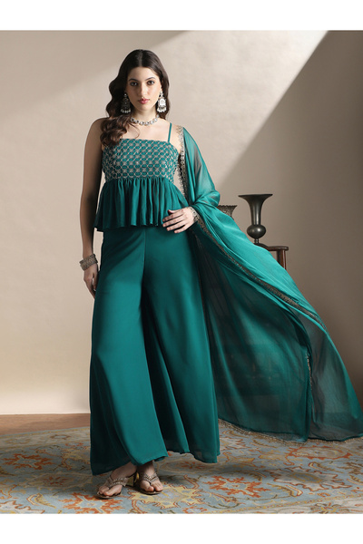 Globus By Styli Teal Strappy Sequin Peplum Top with Palazzos and Dupatta Co-Ords