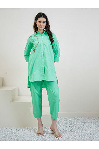 Athena By Styli طقم قميص وبنطال من قطن الأخضر مرصّع بالخرز