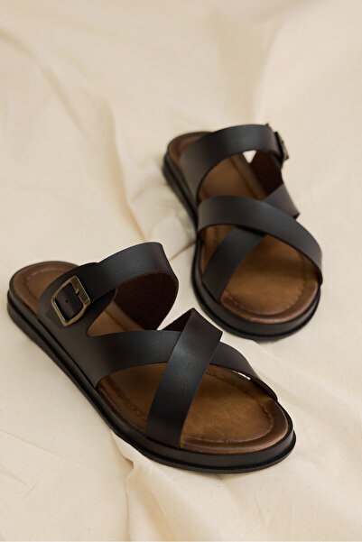 Tonny Black Ženske crne udobne termo patike Sa kopčom sa križnim remenom Papuče