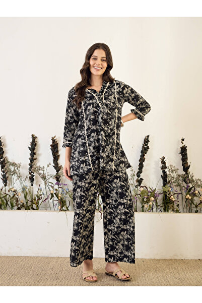 Imana By Styli Black Floral Pure Cotton Top with Trousers Co-Ords