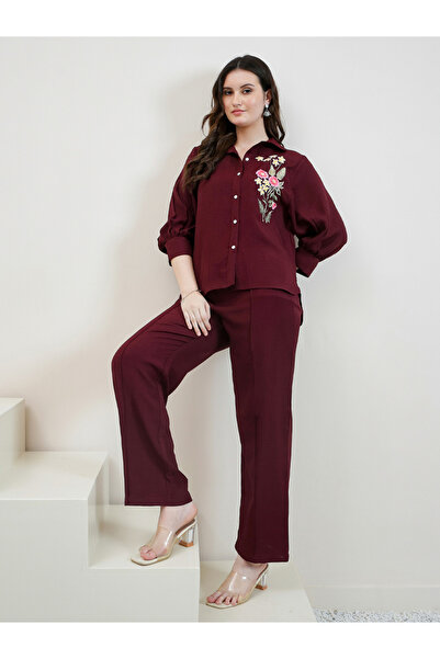 Athena By Styli Maroon Embroidered Shirt and Trousers Co-ords
