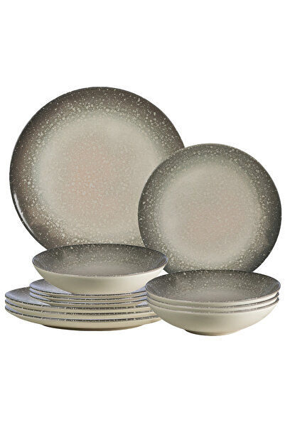 Cesiro Set of 12 Plates for 4 Persons, Gray Stone, Ivory with Gray